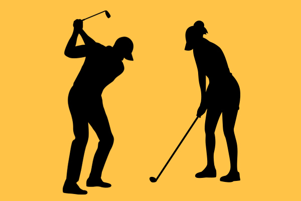 Silhouette von einem Golfspieler und einer Golfspielerin