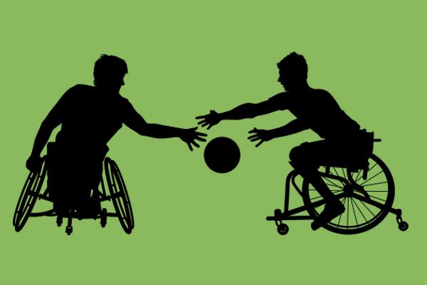Icon von zwei Rollstuhlfahrer die mit dem Ball spielen